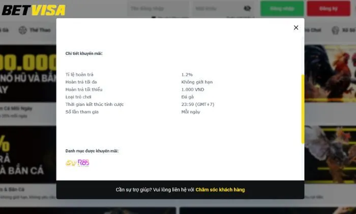 Thông tin chi tiết về khuyến mãi hoàn trả cho đá gà Betvisa