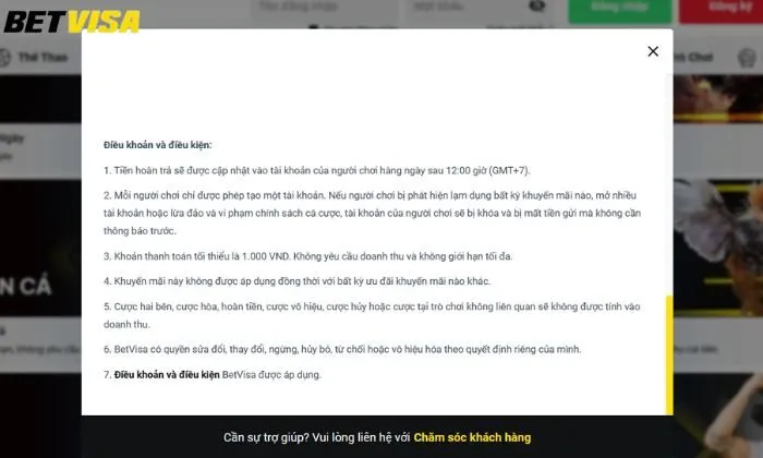 Điều khoản và điều kiện khuyến mãi hoàn trả cho đá gà Betvisa