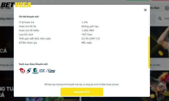 Chi tiết khuyến mãi hoàn trả cho thể thao Betvisa