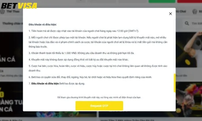 Điều khoản và điều kiện cần lưu ý cho khuyến mãi hoàn trả cho thể thao Betvisa