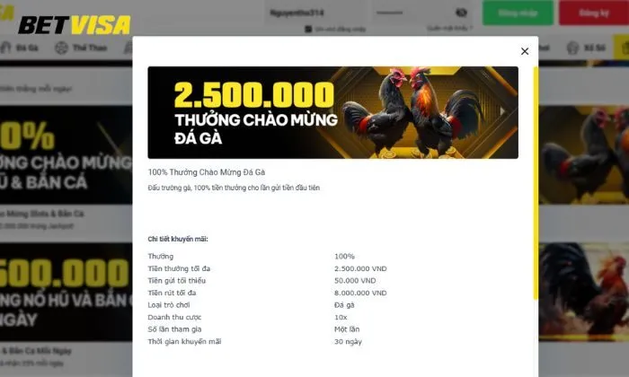 Thưởng chào mừng 100% tiền nạp tại sảnh đá gà